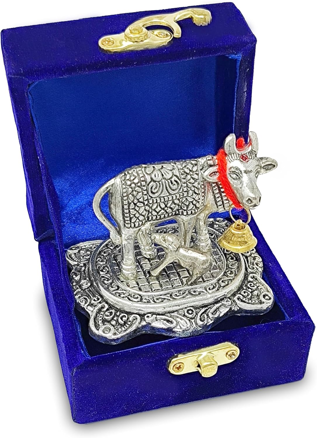 NOBILITY Pooja Items Diwali Gift Silver Antique Small Kamdhenu Cow and Calf with Blue Box Metal Statue Decorative Item Showpiece for Home Office Decoration Wedding Return Gifts - Image 2