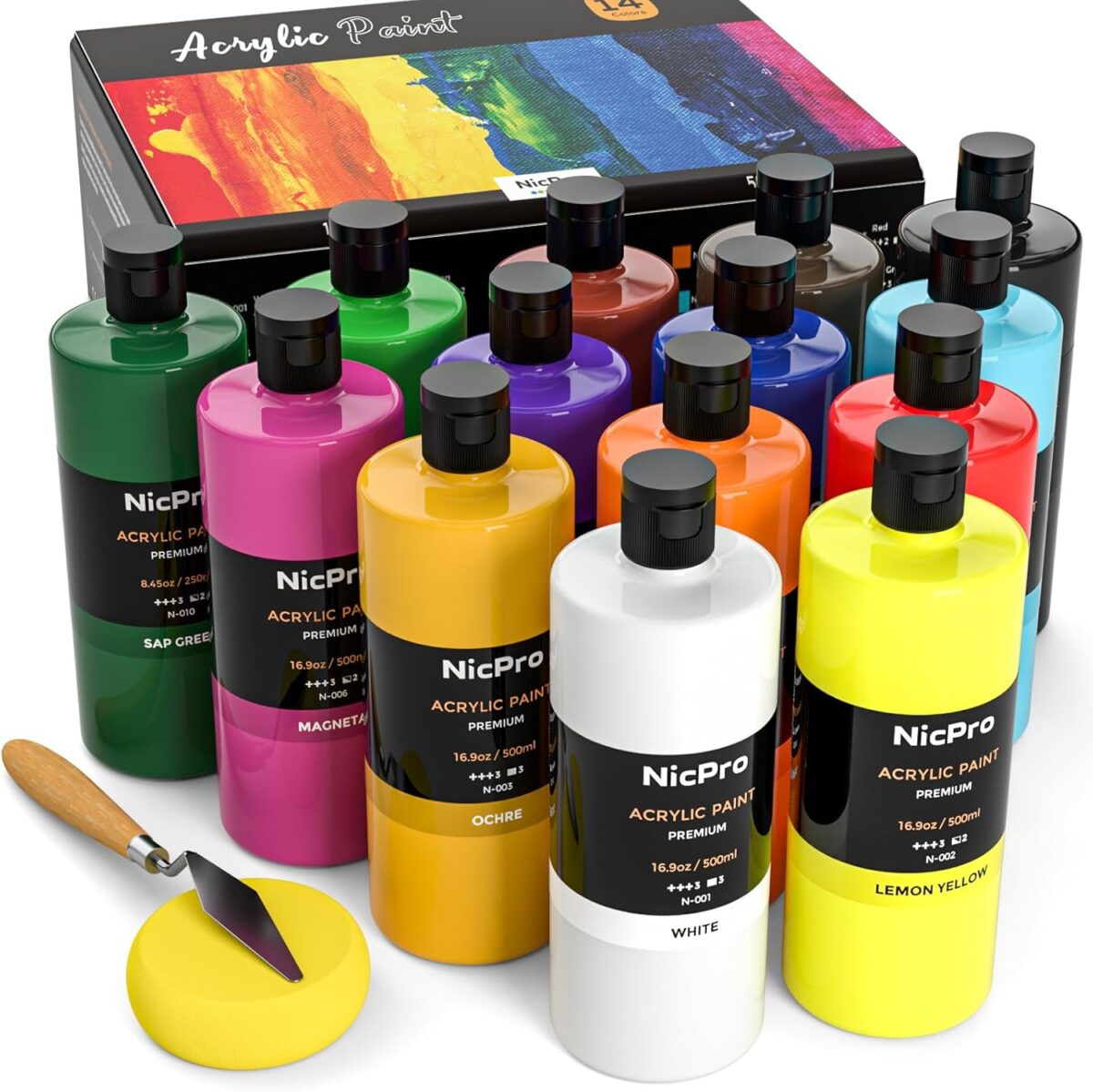 Nicpro 14 Colors Large Bulk Acrylic Paint Set (16.9 oz,500 ml) Rich Art Painting Supplies, Non Toxic for Multi Surface Pumpkin Canvas Wood Ceramic Leather Fabric Craft, for Kids Adult with Color Wheel - Image 2
