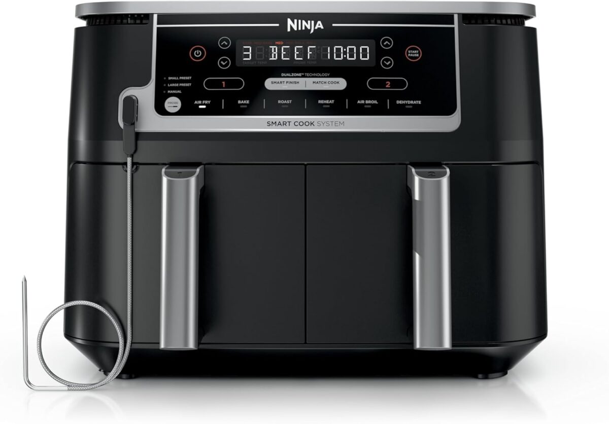 Ninja DZ550 Foodi 10 Quart 6-in-1 DualZone Smart XL Air Fryer with 2 Independent Baskets, Smart Cook Thermometer for Perfect Doneness, Match Cook & Smart Finish to Roast, Dehydrate & More, Grey - Image 2
