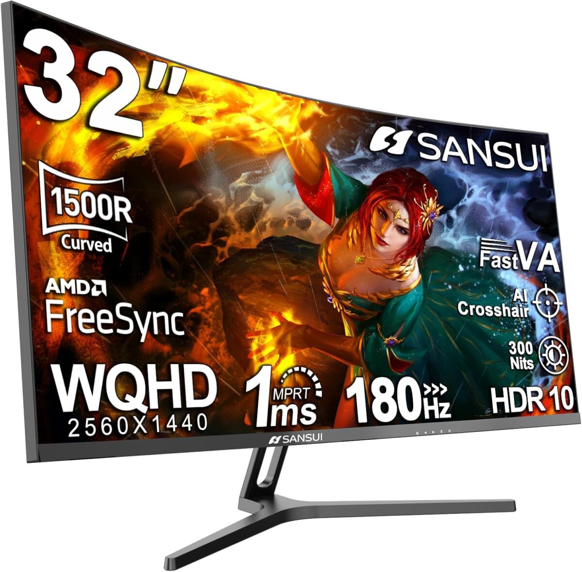 SANSUI 32-Inch Curved Gaming Monitor WQHD 2560 x 1440 180Hz Curved 1500R -Fast VA,1ms(OD), HDR, 300nits, sRGB 125%, DCI-P3 95%, FreeSync, HDMI x2, DP1.4x2(DP Cable Included) - Image 2