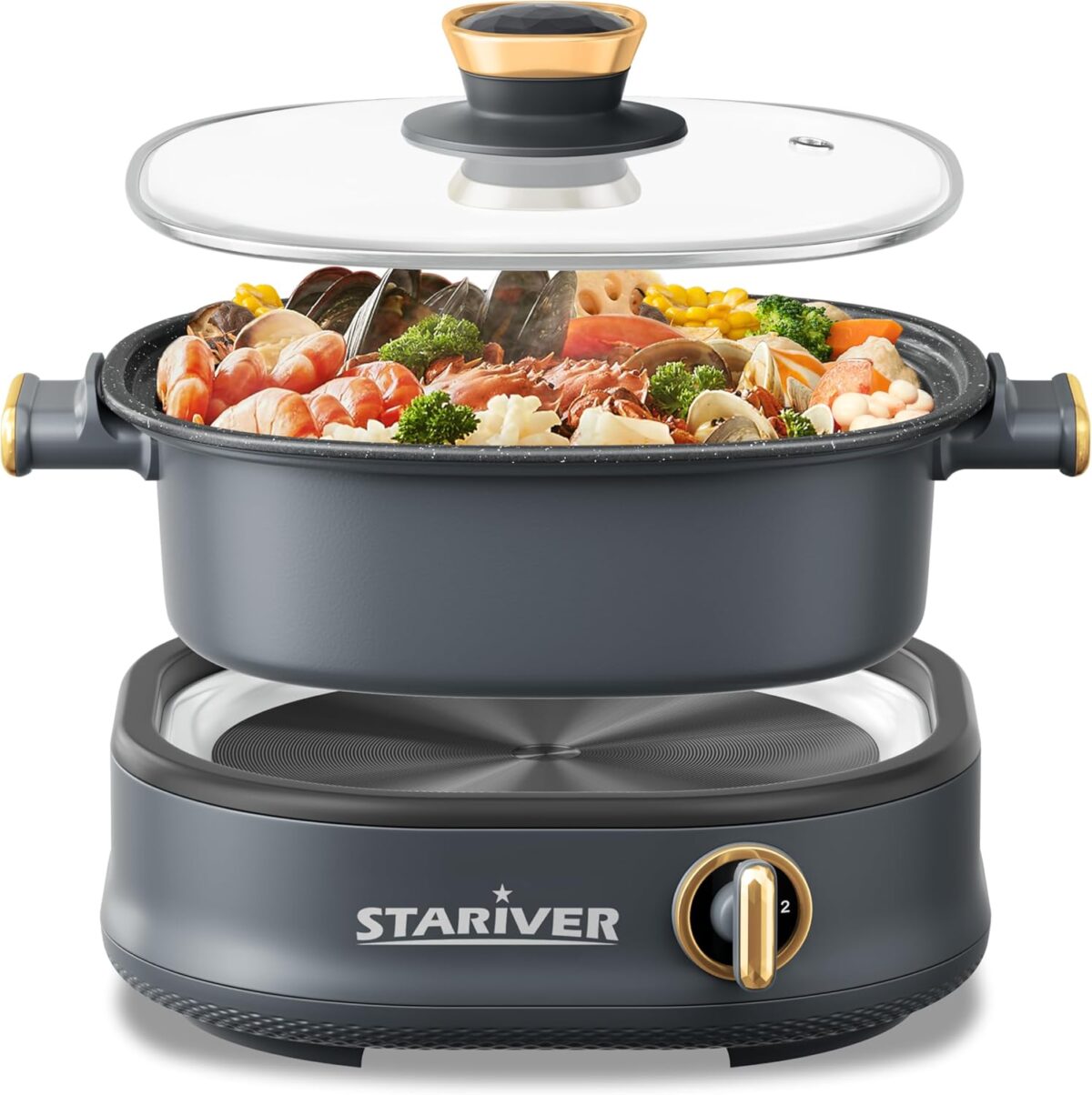 Stariver 3L Electric Hot Pot with Dual-Power Control and Non-Stick,Electric Shabu Shabu Pot with Removable Pot, Electric Pot with Tempered Glass Lid for Party, Family Dinners - Image 2