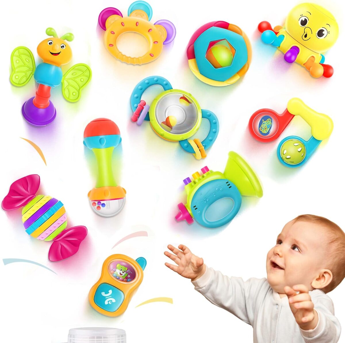 iPlay, iLearn 10pcs Baby Rattles Toys Set, Infant Grab Shake Rattle, Easy Hold Sensory Teether, Babies Development Learning Music Toy, Newborn Shower Birthday Gift 1 2 3 4 5 6 7 9 10 12 Month Boy Girl - Image 2