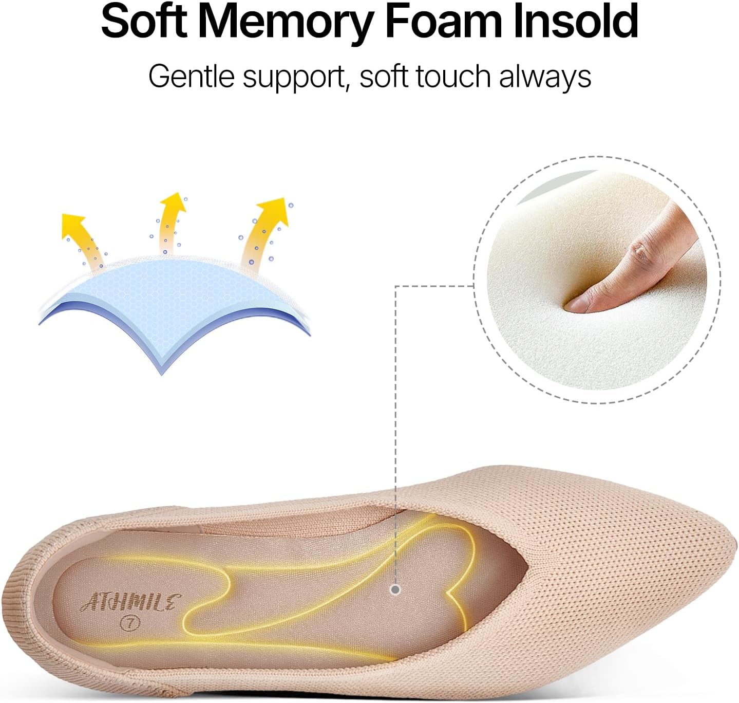 ATHMILE Pointed Toe Flats for Women Ultra-Comfortable Knit Ballet Flats Shoes for Women with Memory Foam & Padding, Machine Washable Womens Flats for Work Office Casual Walking Wedding - Image 4