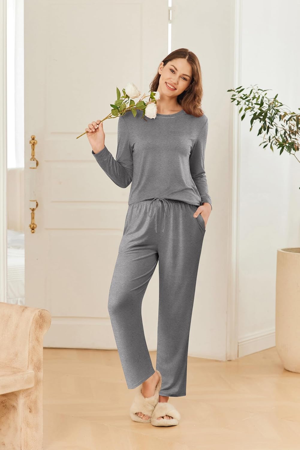 Ekouaer 2 Pack Women Pajama Long Sleeve Sleepwear Soft Loungewear Pjs Sets with Pockets S-XXL - Image 3