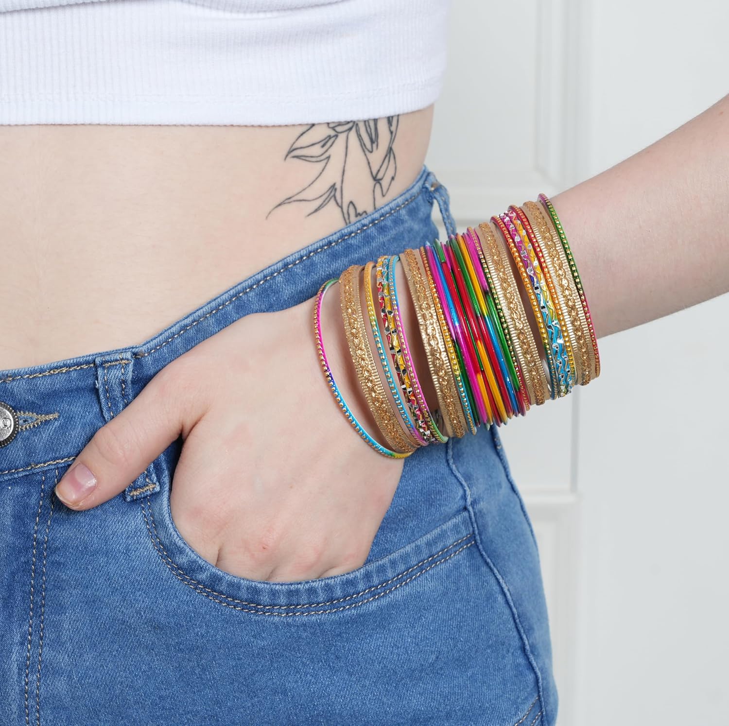 Touchstone Stunning Rainbow Multicolor Bangle Collection. Indian Bollywood Colorful Bangle Bracelet Set of 24 In Antique Gold Tone For Women. - Image 4