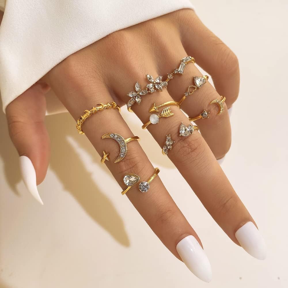 KISS WIFE Golden Stackable Moon Star Knuckle Rings Set for Women, Boho Dainty Lightweight Stacking Rings, Vintage Midi Rings Pack, Trendy Jewelry - Image 4