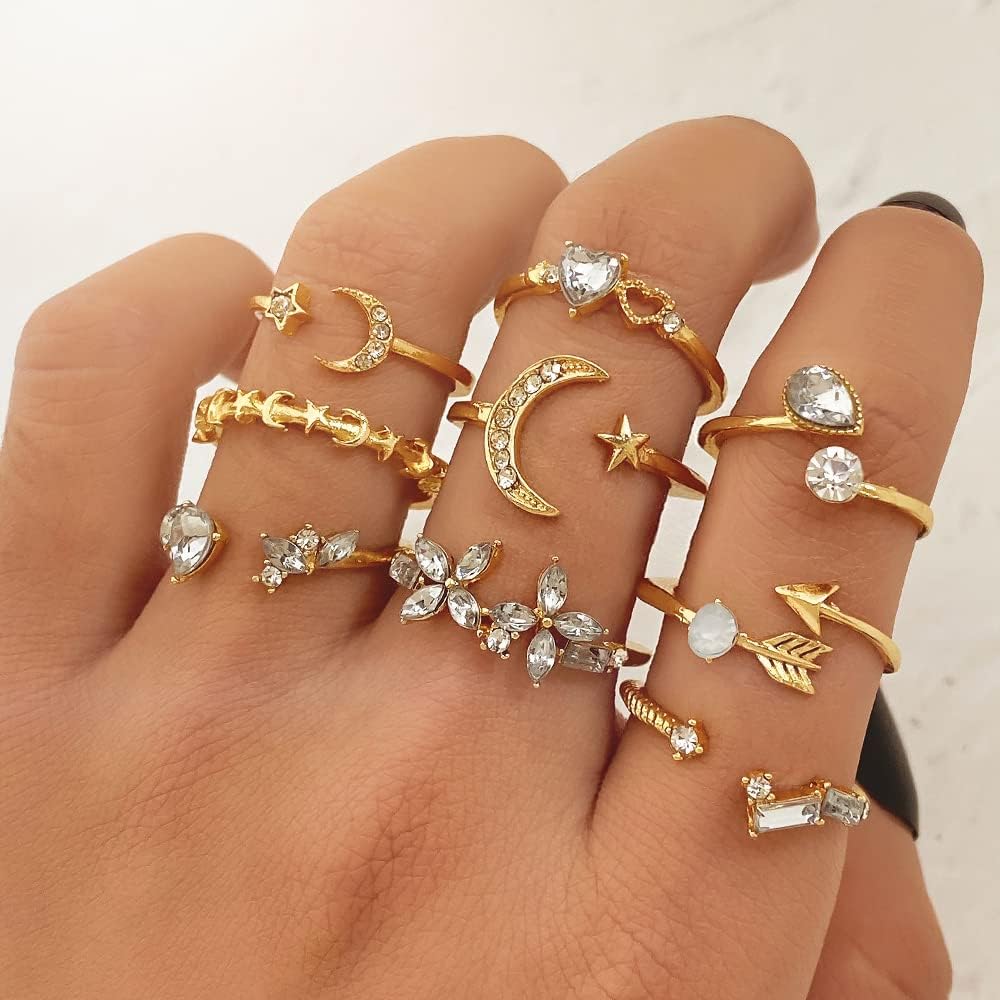 KISS WIFE Golden Stackable Moon Star Knuckle Rings Set for Women, Boho Dainty Lightweight Stacking Rings, Vintage Midi Rings Pack, Trendy Jewelry - Image 6