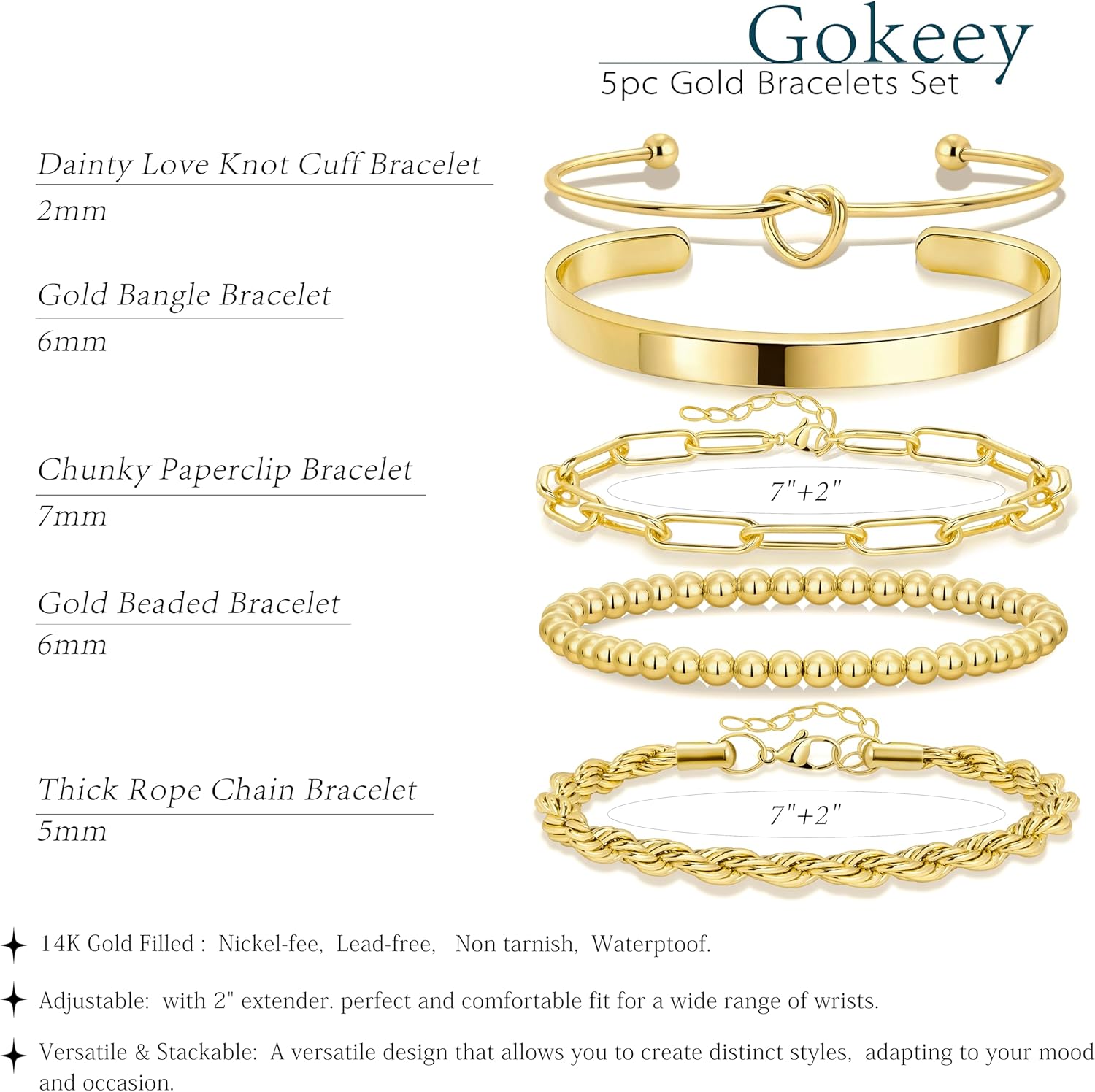 Gold Bracelets for Women Non Tarnish, 14K Gold Plated Chunky Cuff Bracelet Gold Bangles Bracelet for Women Trendy Tie Knot Cuban Rope Paperclip Beaded Bracelet Stack Jewelry Gifts - Image 6