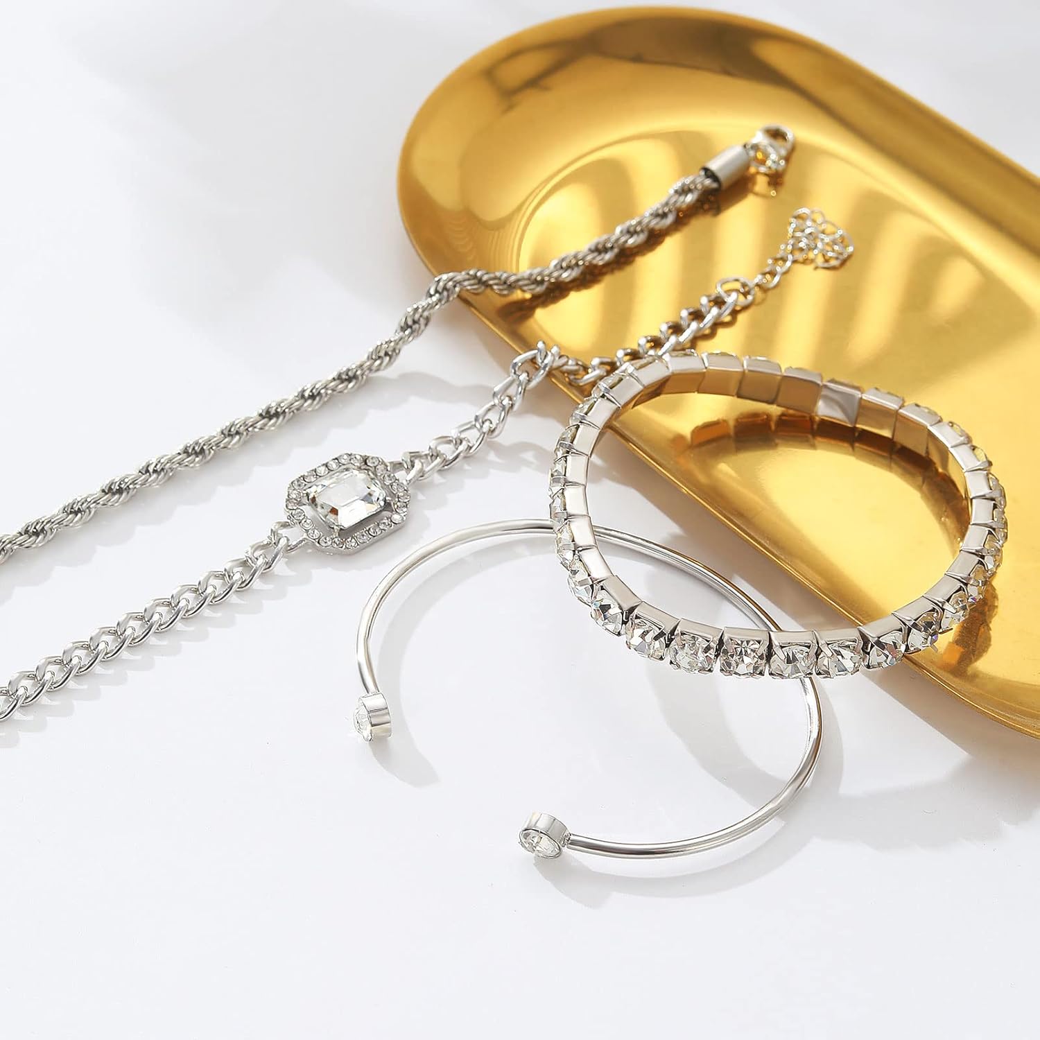 4 Pcs Dainty Gold Silver Bracelets Set for Women 14K Plated Link Cubic Zirconia Paperclip Stake Layering Chain Adjustable Trendy Hand Jewelry - Image 4