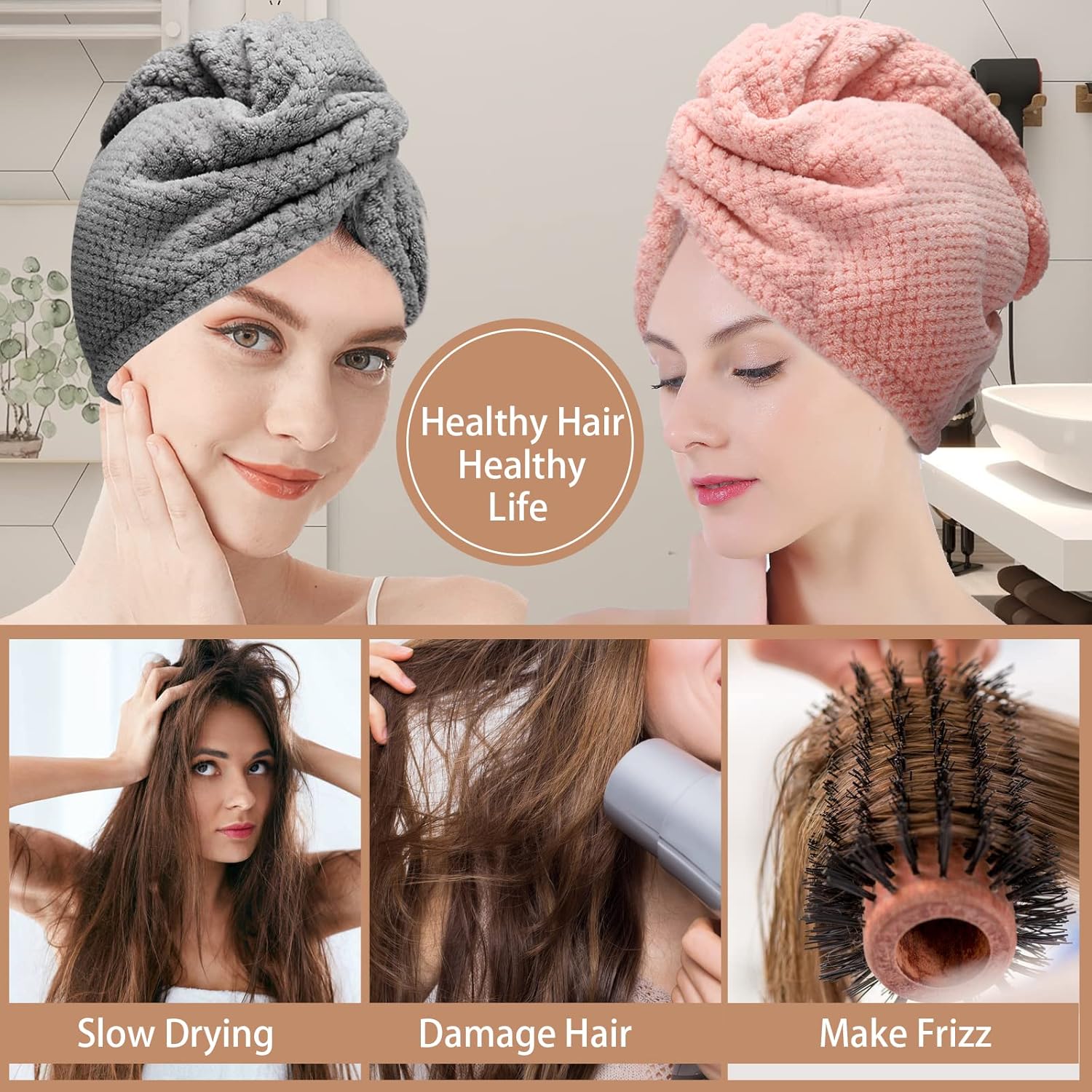 3 PCS Microfiber Hair Towel, Hair Wraps for Women Wet Hair, Fast Drying Hair Turban, Anti Frizz Head Towels Wrap for Curly Hair (Grey, Pink, Blue) - Image 6