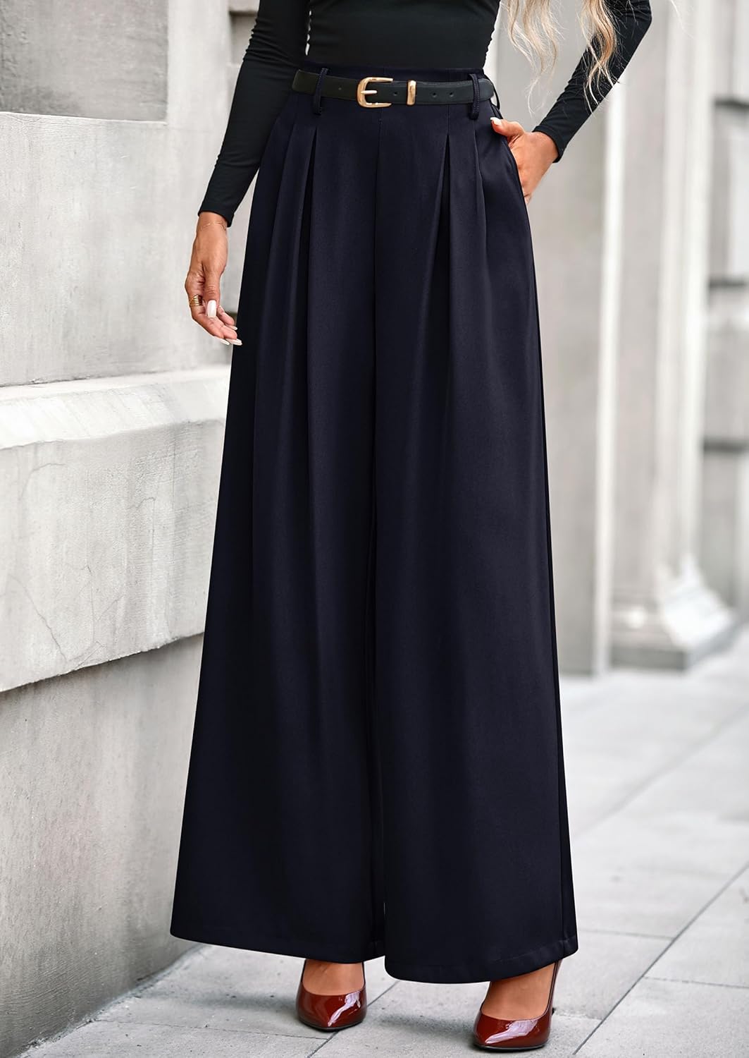 PRETTYGARDEN Womens Fall Wide Leg Trousers 2025 High Elastic Waist Loose Pleated Long Flowy Palazzo Work Pants with Pockets - Image 4