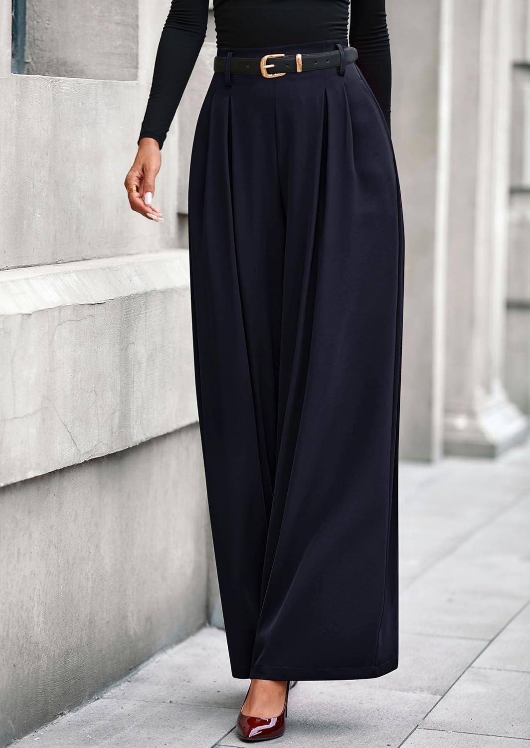 PRETTYGARDEN Womens Fall Wide Leg Trousers 2025 High Elastic Waist Loose Pleated Long Flowy Palazzo Work Pants with Pockets - Image 8