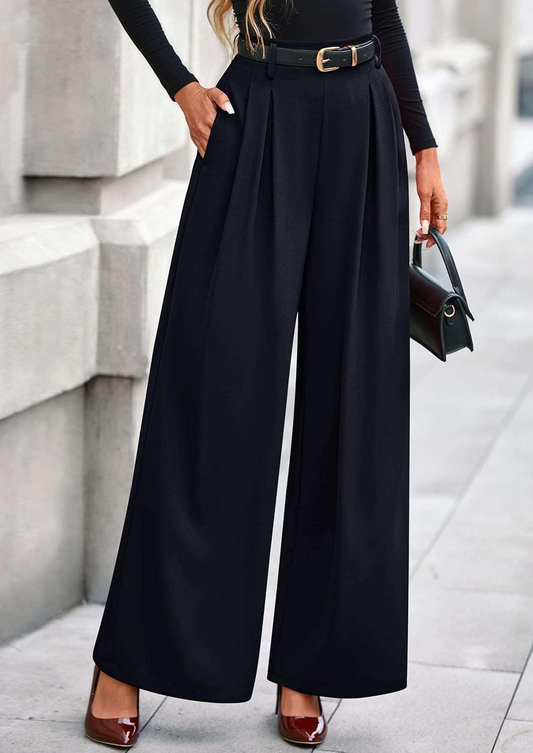 PRETTYGARDEN Womens Fall Wide Leg Trousers 2025 High Elastic Waist Loose Pleated Long Flowy Palazzo Work Pants with Pockets - Image 9