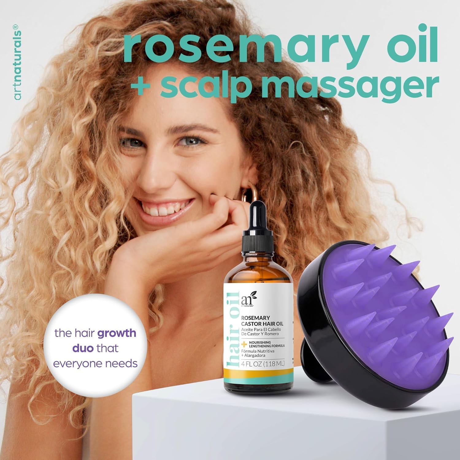 ArtNaturals Organic Rosemary & Castor Hair Growth Oil + Scalp Massager Set – Hair Relaxer for Dry, Itchy Scalp, Thickening & Hydration - Scalp Oil Products For Damaged Hair & Split Ends – 4.0 oz - Image 3