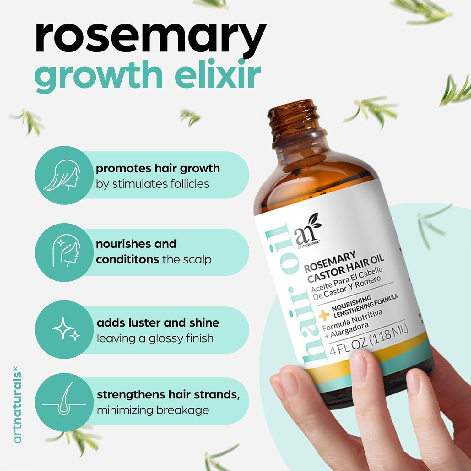 ArtNaturals Organic Rosemary & Castor Hair Growth Oil + Scalp Massager Set – Hair Relaxer for Dry, Itchy Scalp, Thickening & Hydration - Scalp Oil Products For Damaged Hair & Split Ends – 4.0 oz - Image 4