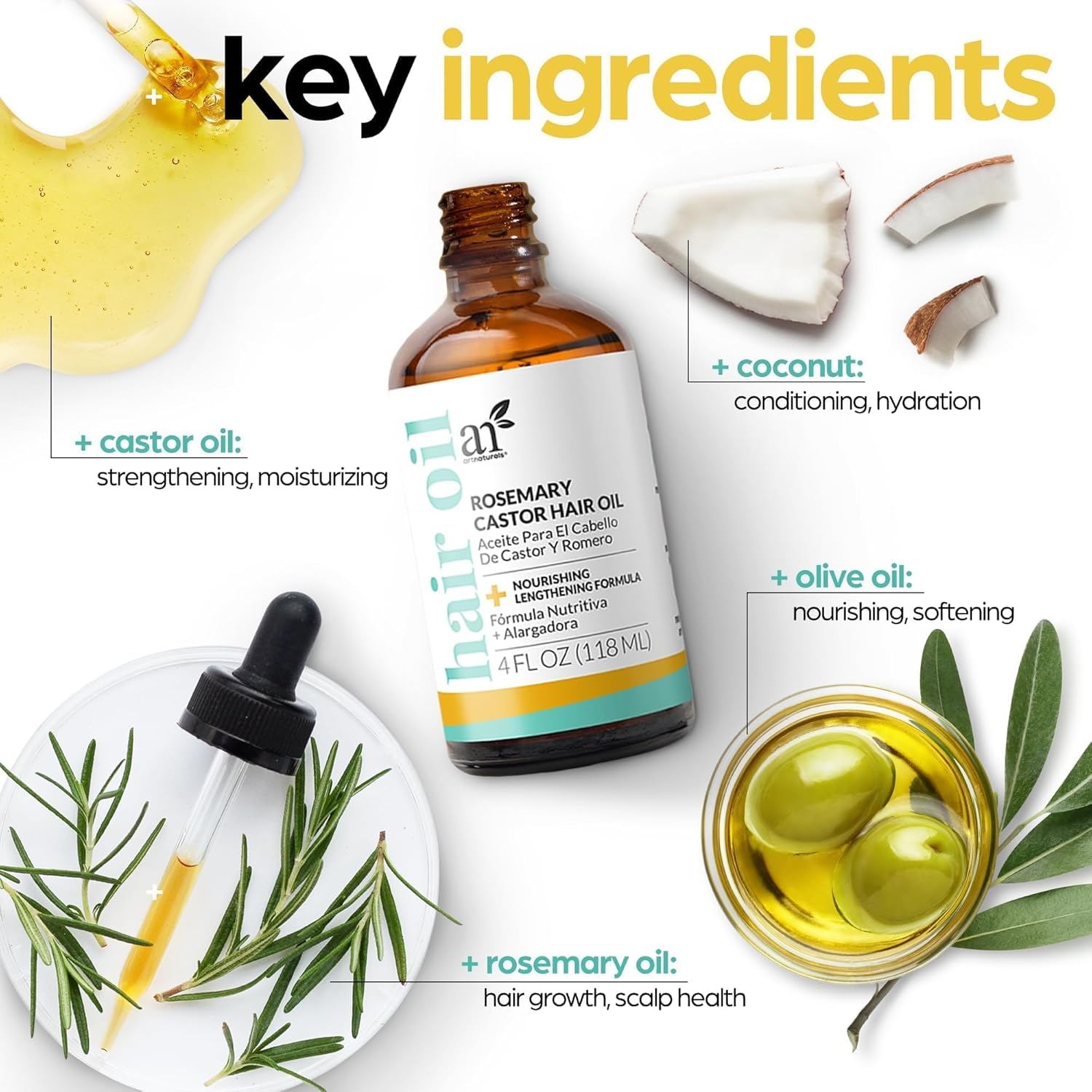 ArtNaturals Organic Rosemary & Castor Hair Growth Oil + Scalp Massager Set – Hair Relaxer for Dry, Itchy Scalp, Thickening & Hydration - Scalp Oil Products For Damaged Hair & Split Ends – 4.0 oz - Image 6