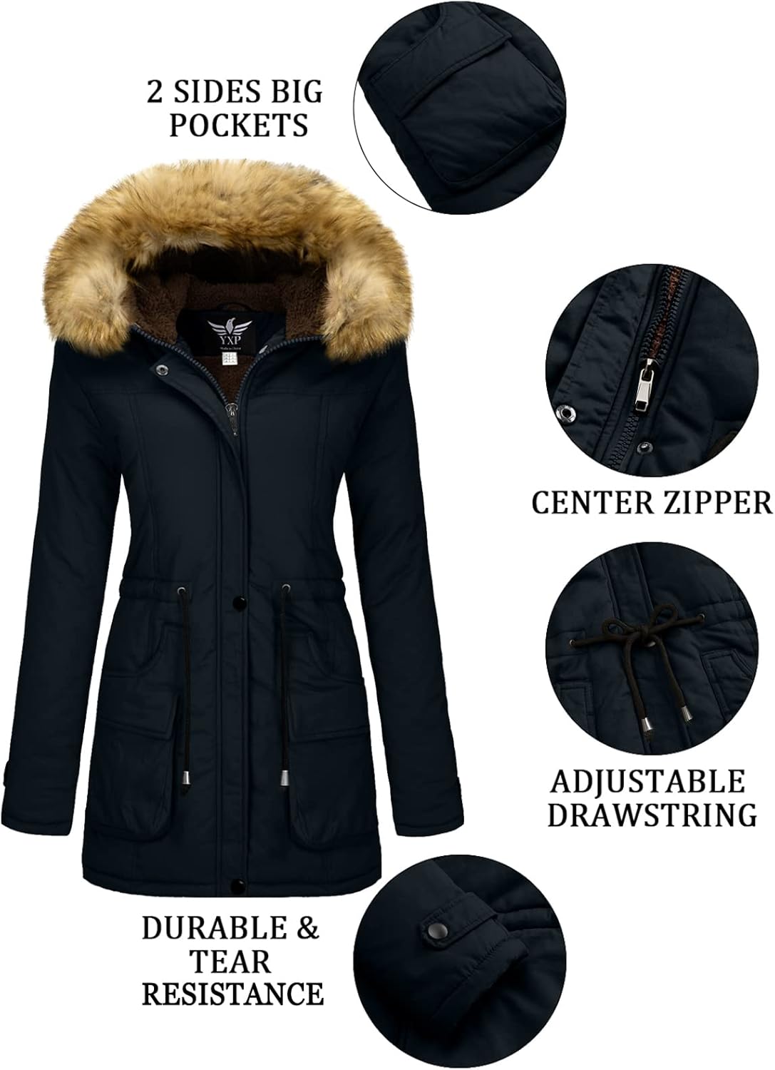 YXP Women's Winter Thicken Military Parka Jacket Warm Fleece Cotton Coat with Fur Hood - Image 7