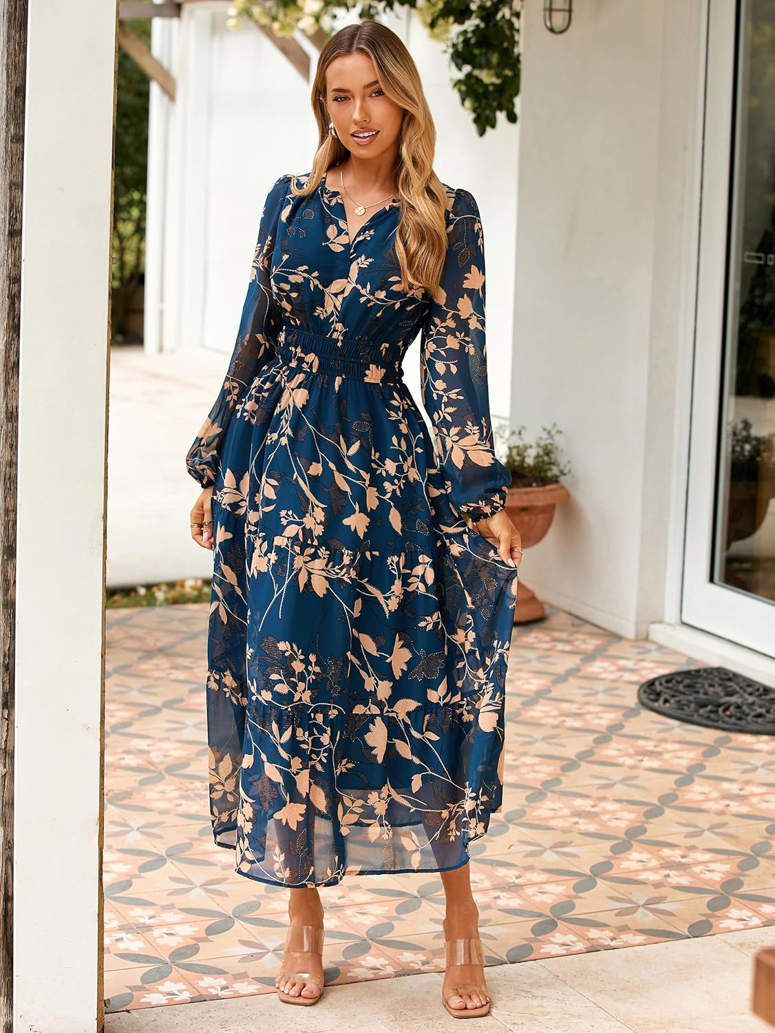 Simplee Women's Floral Boho Long Sleeve Maxi Dress V Neck Empire Waist Swing Flowy Wedding Guest Dress - Image 3