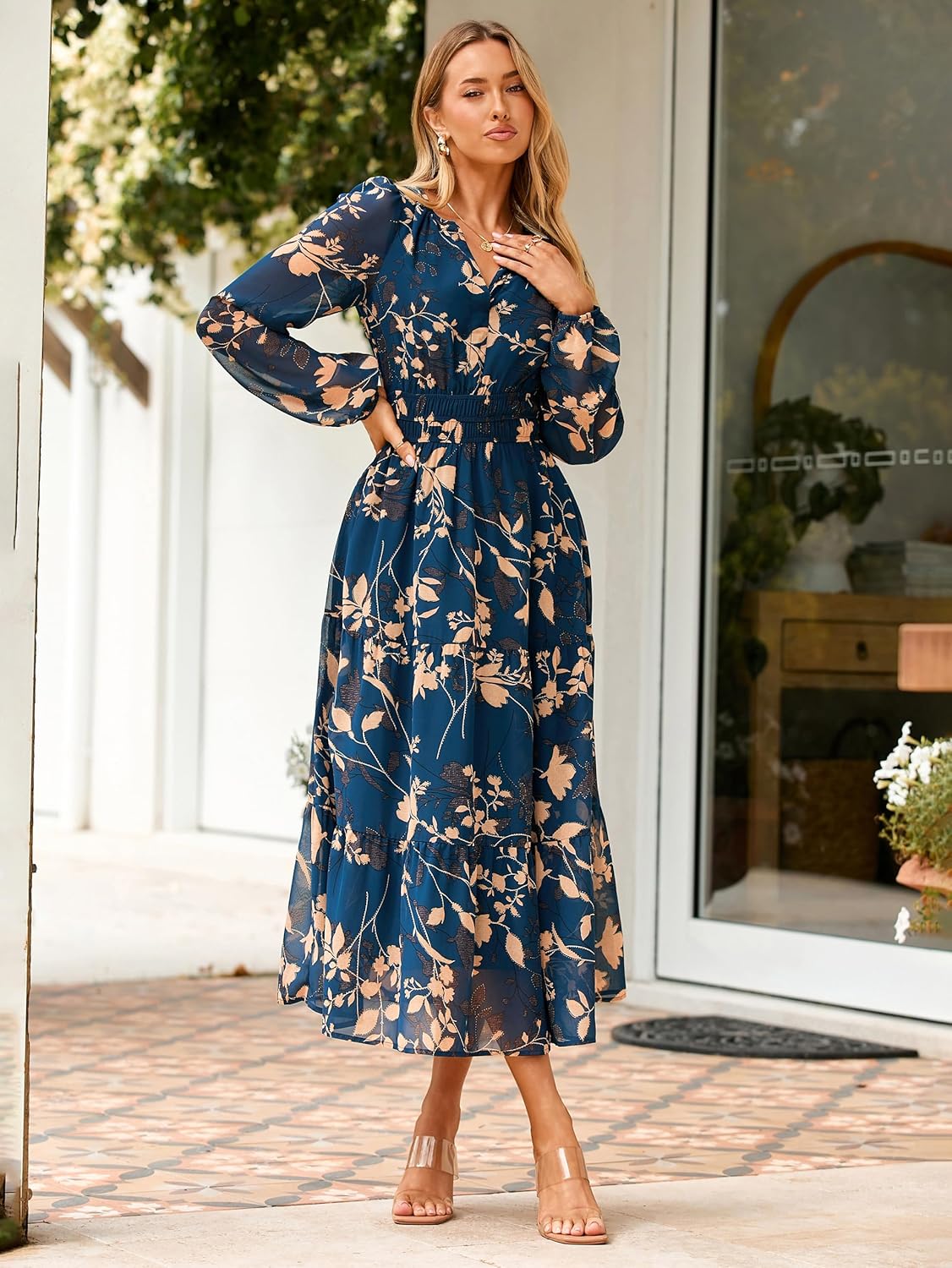 Simplee Women's Floral Boho Long Sleeve Maxi Dress V Neck Empire Waist Swing Flowy Wedding Guest Dress - Image 5