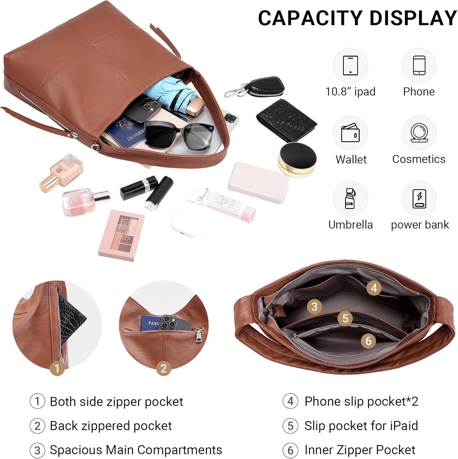 Genuine Leather Hobo Bags for Women Crossbody Purses Work Tote Bag Designer Shoulder Handbags with 2 Straps - Image 5