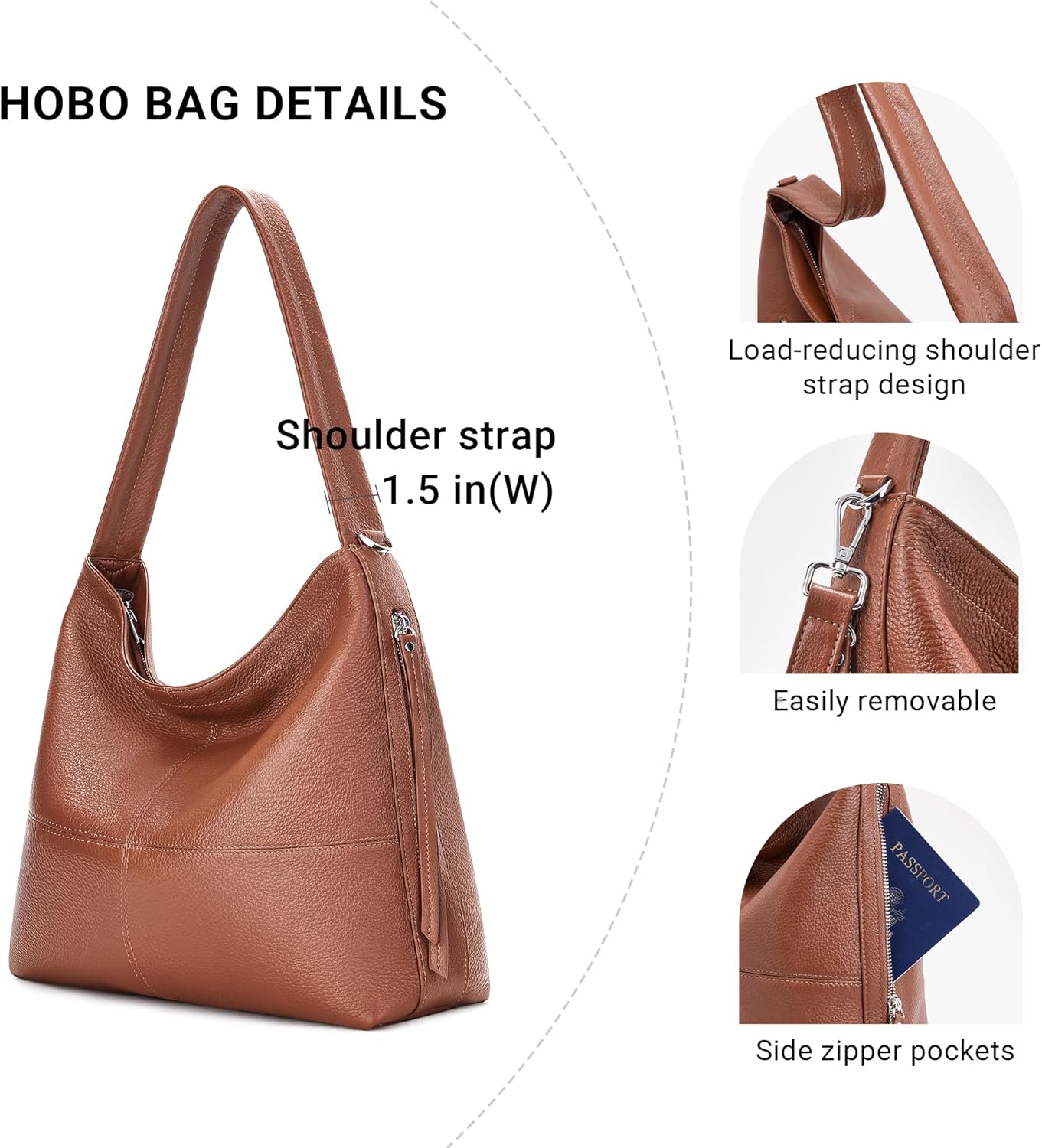 Genuine Leather Hobo Bags for Women Crossbody Purses Work Tote Bag Designer Shoulder Handbags with 2 Straps - Image 7