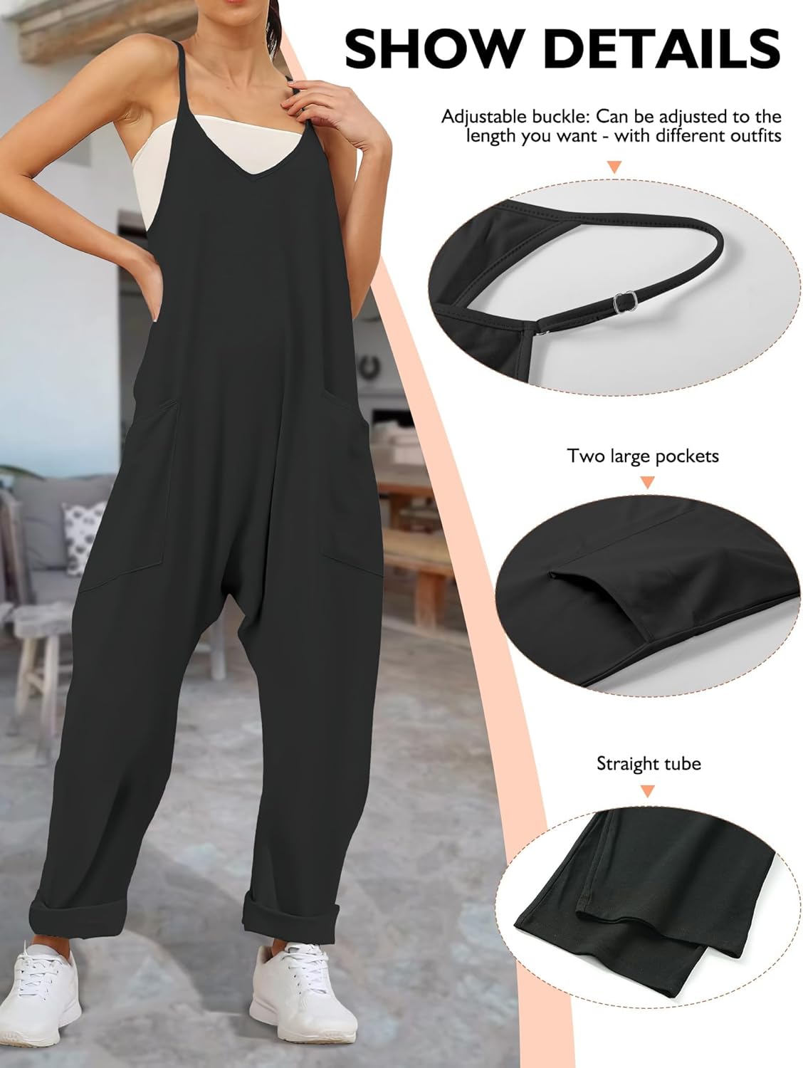 Buauty Jumpsuits for Women Casual V Neck Sleeveless Baggy Overalls Spaghetti Strap Jumpers with Pockets Summer Romper Clothes - Image 5