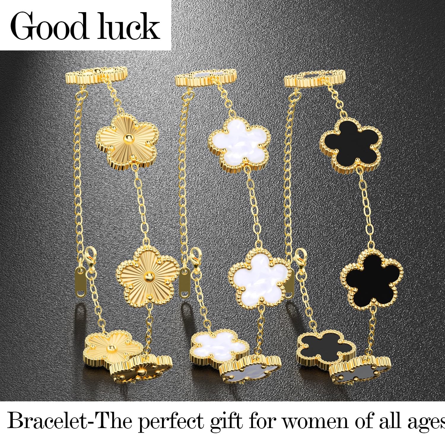 AICase 18K Gold Plated Clover Bracelet Dupes Gold/White/Black Bracelet Set for Women Flower Leaf Lucky Clover Bracelets Trendy Jewelry Birthday Gifts for Women/Mon/Friends - Image 4