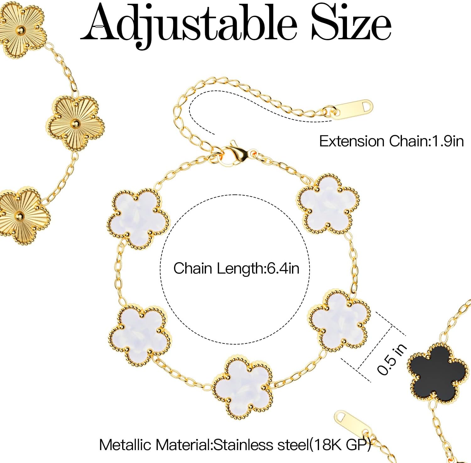 AICase 18K Gold Plated Clover Bracelet Dupes Gold/White/Black Bracelet Set for Women Flower Leaf Lucky Clover Bracelets Trendy Jewelry Birthday Gifts for Women/Mon/Friends - Image 5