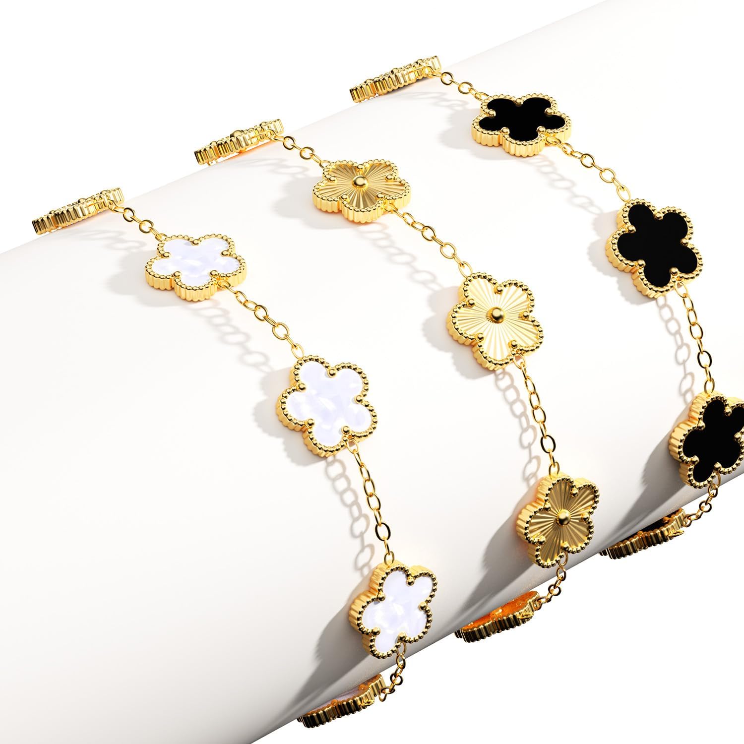 AICase 18K Gold Plated Clover Bracelet Dupes Gold/White/Black Bracelet Set for Women Flower Leaf Lucky Clover Bracelets Trendy Jewelry Birthday Gifts for Women/Mon/Friends - Image 8