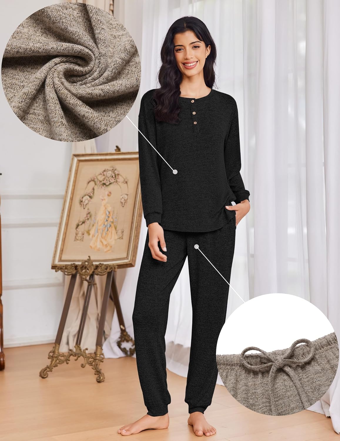 Ekouaer Womens Pajama Sets Long Sleeve Lounge Set 2 Piece Pj Sets for Women Henley Neck Casual Sleepwear Loungewear S-XXL - Image 3