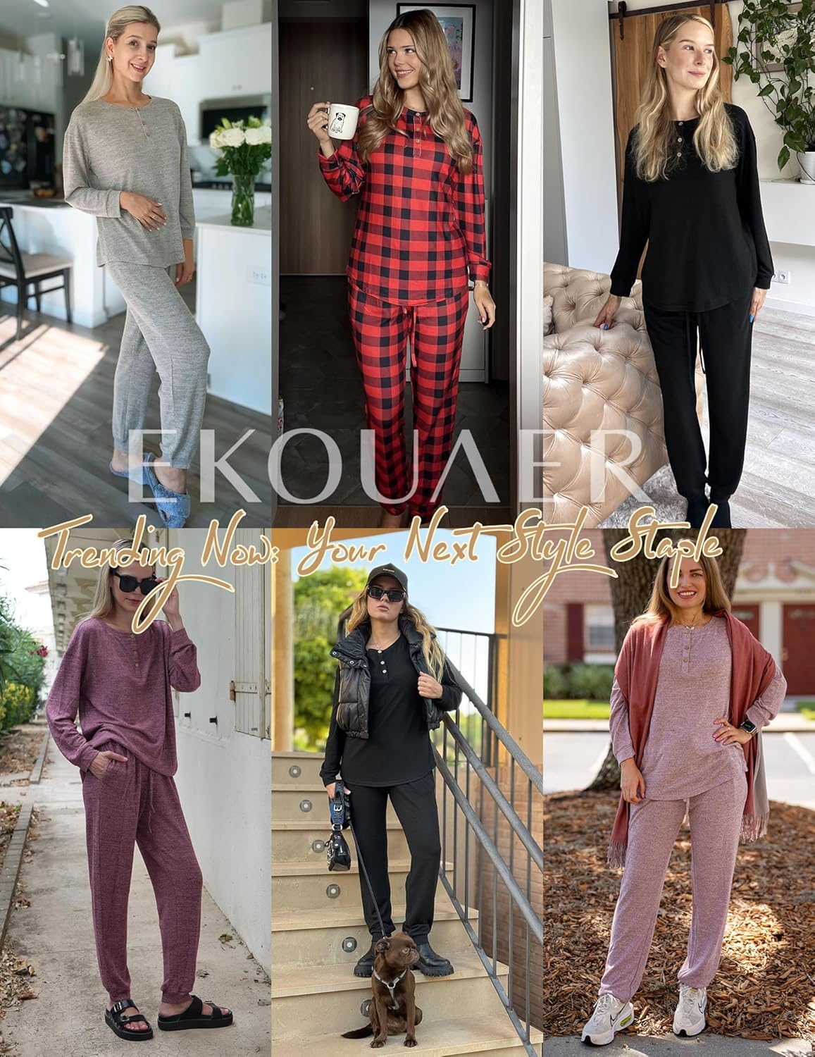 Ekouaer Womens Pajama Sets Long Sleeve Lounge Set 2 Piece Pj Sets for Women Henley Neck Casual Sleepwear Loungewear S-XXL - Image 7