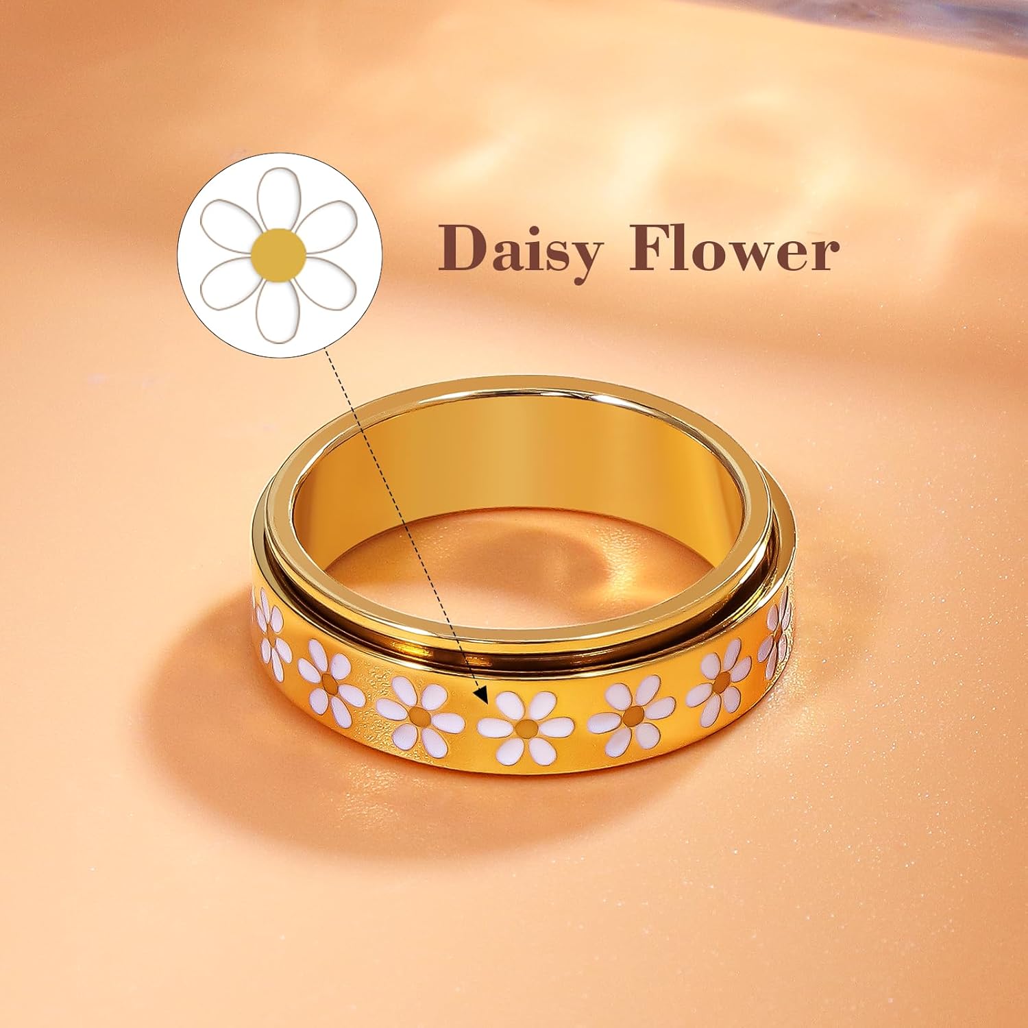 Daisy Fidget Ring for Anxiety Relief - 18K Gold Plated Spinner Band for Stress Relief,Stainless Steel Statement Flower Ring for Women,Thoughtful Gift for Birthday Valentine's Day,Size 6-10 - Image 5