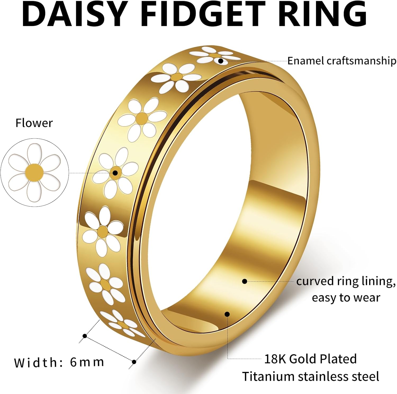 Daisy Fidget Ring for Anxiety Relief - 18K Gold Plated Spinner Band for Stress Relief,Stainless Steel Statement Flower Ring for Women,Thoughtful Gift for Birthday Valentine's Day,Size 6-10 - Image 8
