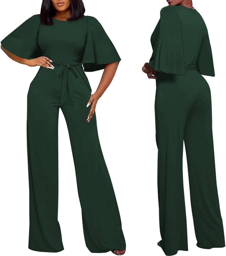 BessCops Womens Loose Short Sleeve Belted Wide Leg Pant Romper Jumpsuit Casual Business One Piece Outfits - Image 4