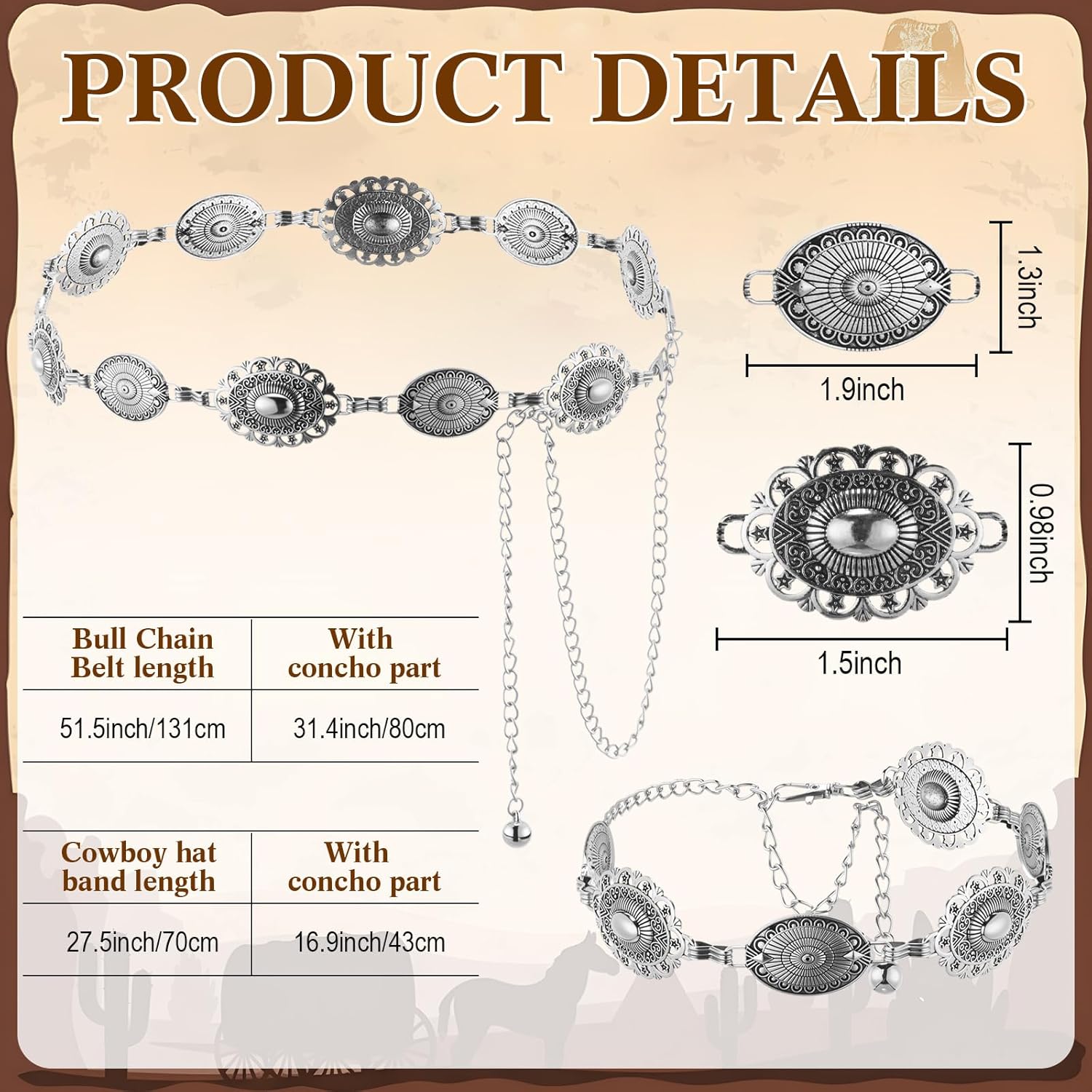 2 Pack Western Boho Belts Hat Band Women Cowgirl Chain Belts Adjustable Hat Straps for Dresses Jeans Cowboy Outfit - Image 7