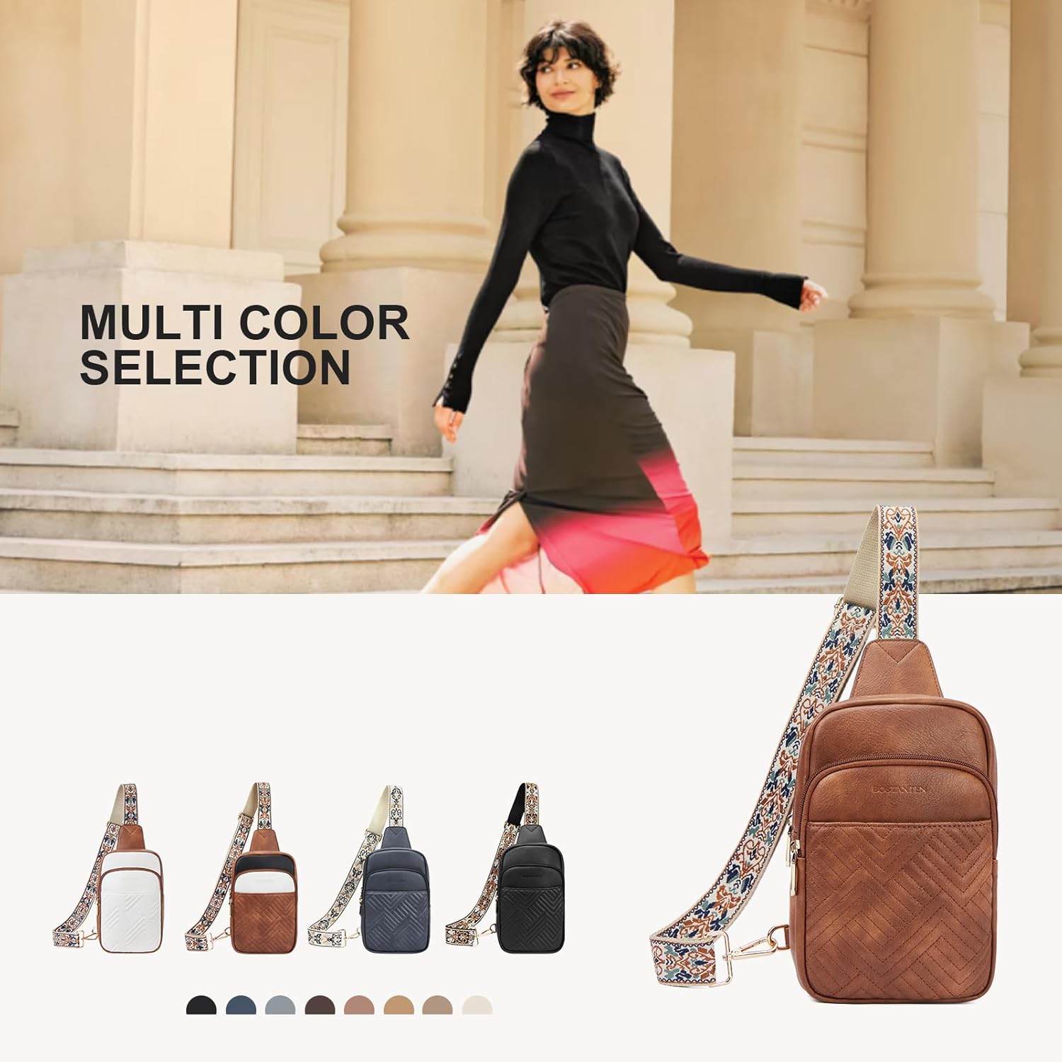 BOSTANTEN Sling Bag Quilted Crossbody Bags for Women Cross Body Purse Leather Fanny Pack with Adjustable Guitar Strap - Image 3