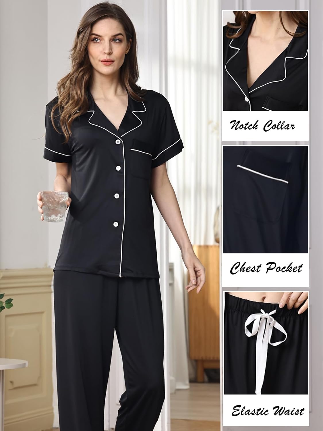 Womens Pajamas Set 3Pcs Pajama Sets Soft Sleepwear XS-XXL Button Down Lounge Sets Nightwear Long Pants Pjs Sets - Image 5