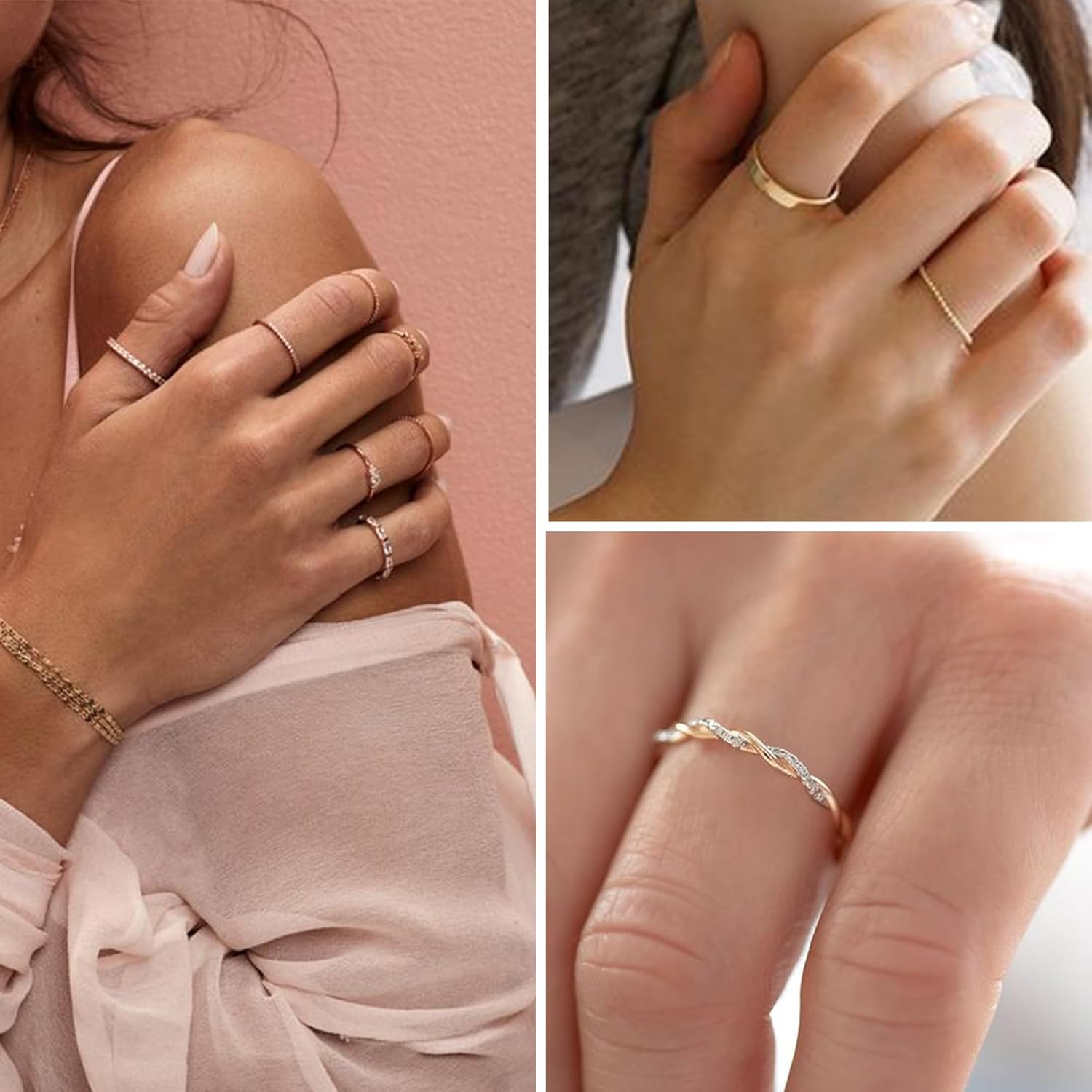 12 PCS Dainty 14K Gold Rings for Women, Eternity Open Chunky Twist Simulated Diamond Criss Cross Designs, Non Tarnish Gold Plated Stacking Thumb Ring, Perfect for Wedding Bands Size 5-11 - Image 5