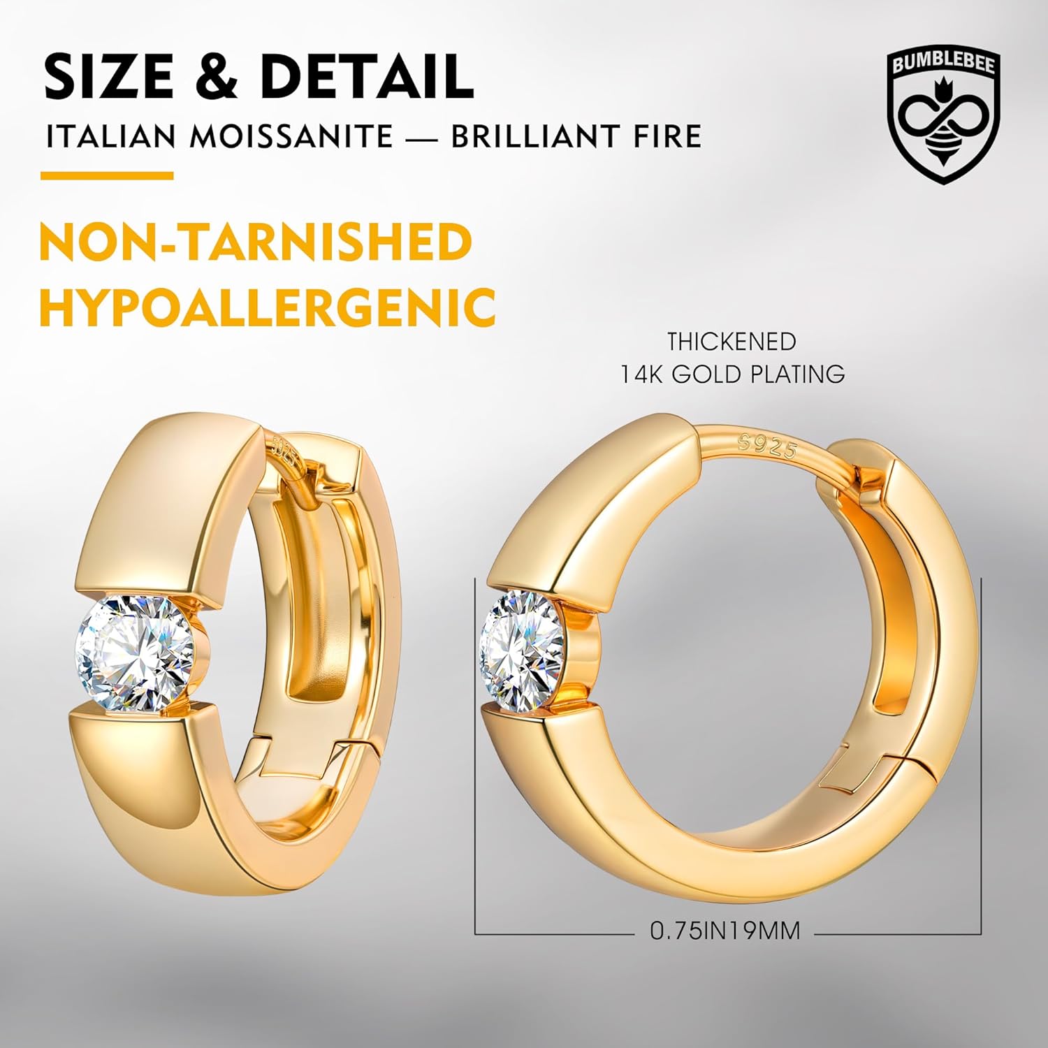 BUMBLEBEE Moissanite Earrings for Women and Men,14K Gold Plated with 0.4CT VVS1 Moissanite,Tarnish-Resistant,Hypoallergenic,Chunky Hoop Earring,Gift for Wedding Anniversary,Birthday,Christmas - Image 6