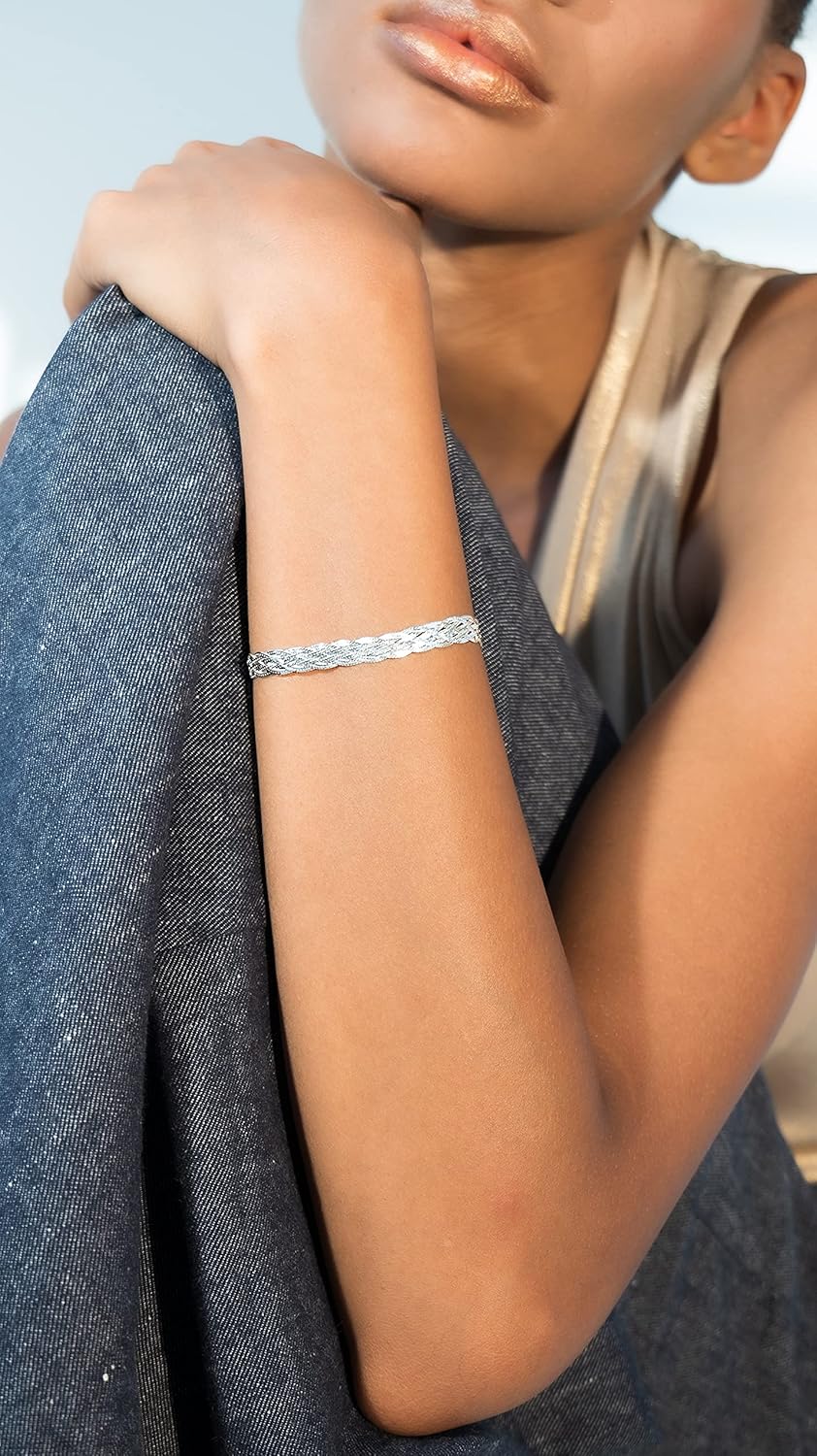 Miabella Italian 925 Sterling Silver, Tri-Color 18K Gold Plated 6-Strand Diamond-Cut 7mm Braided Herringbone Chain Bracelet for Women, Made in Italy - Image 3