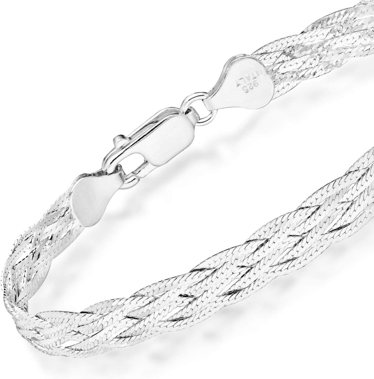 Miabella Italian 925 Sterling Silver, Tri-Color 18K Gold Plated 6-Strand Diamond-Cut 7mm Braided Herringbone Chain Bracelet for Women, Made in Italy - Image 5