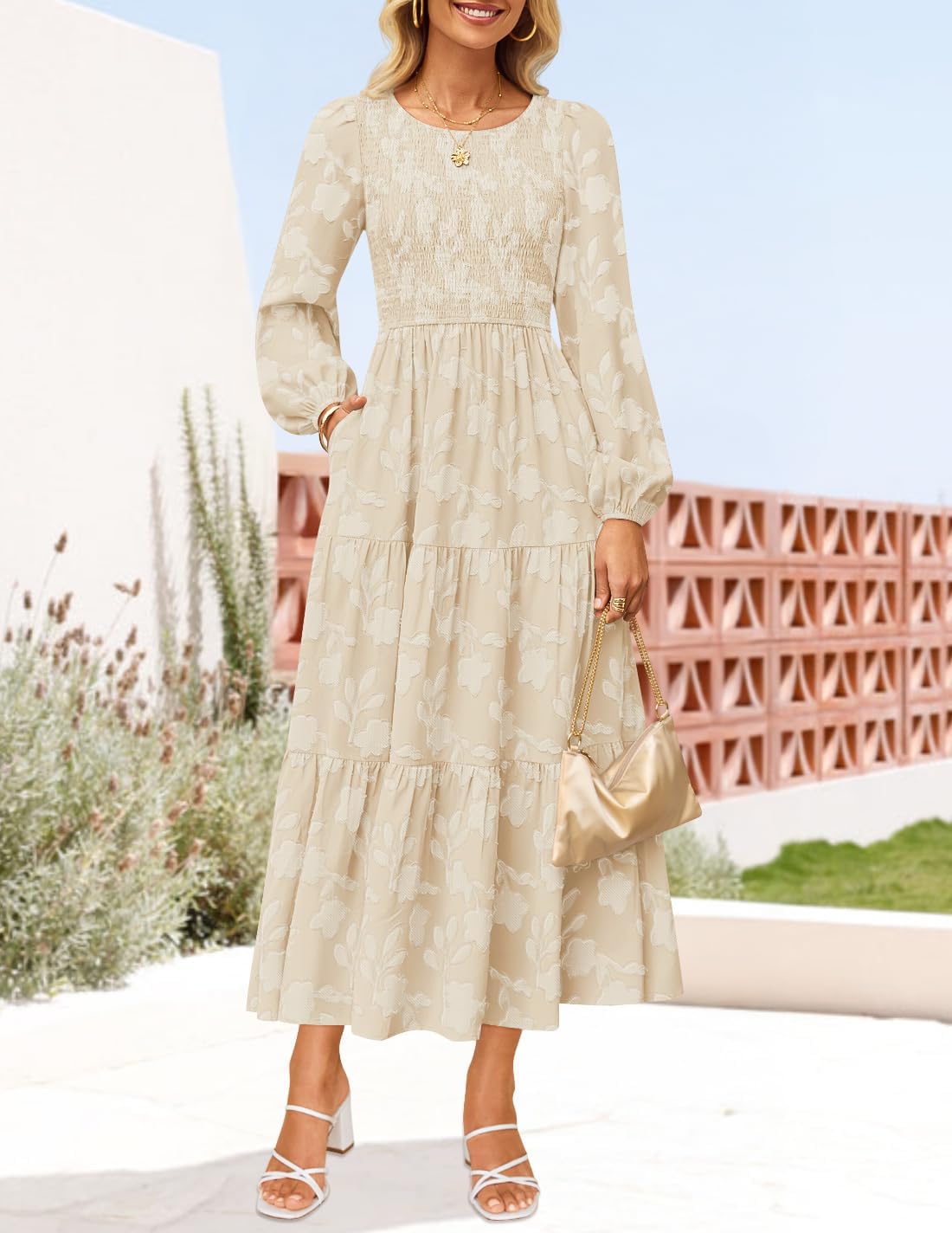 ZESICA Women's Fall Boho Floral Midi Dress 2025 Casual Long Sleeve Crewneck Flowy Wedding Guest Long Dresses - Image 9