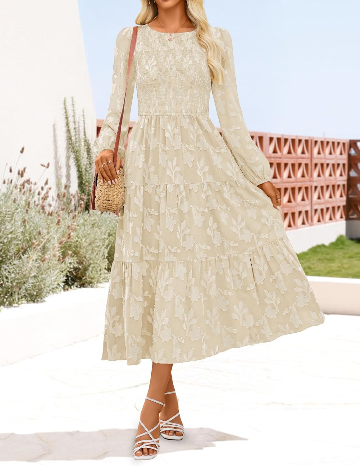 ZESICA Women's Fall Boho Floral Midi Dress 2025 Casual Long Sleeve Crewneck Flowy Wedding Guest Long Dresses - Image 10