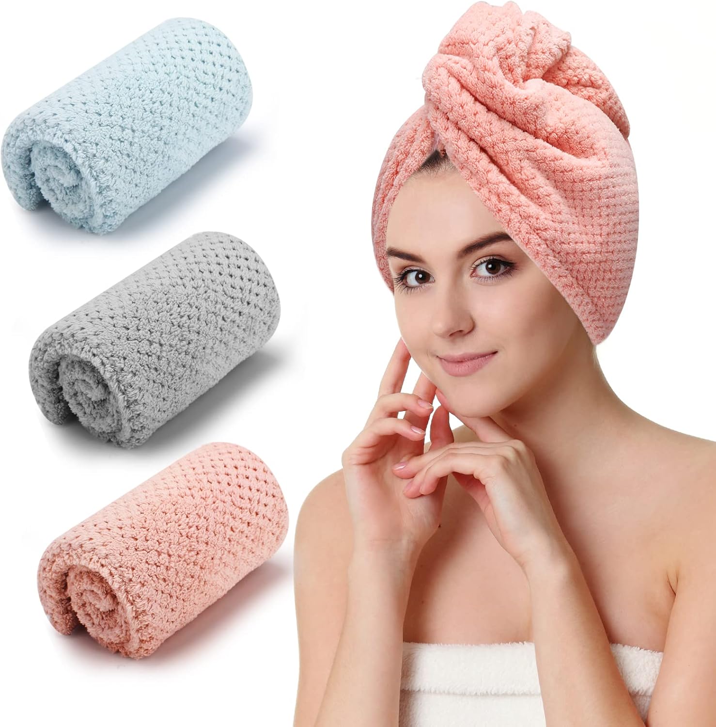 3 PCS Microfiber Hair Towel, Hair Wraps for Women Wet Hair, Fast Drying Hair Turban, Anti Frizz Head Towels Wrap for Curly Hair (Grey, Pink, Blue) - Image 2