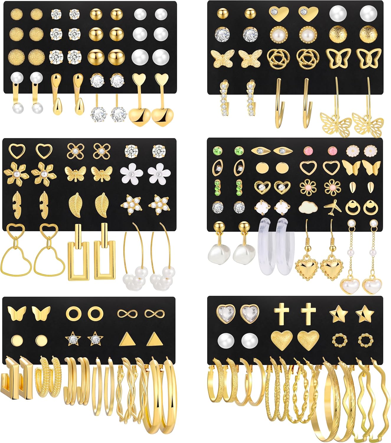 84 Pairs Gold Stud Earrings Set for Women Multipack, Fashion Pearl Cubic Zirconia Butterfly Earrings Packs Piercings, Hypoallergenic Stud Hoops Earrings for Gift - Image 2