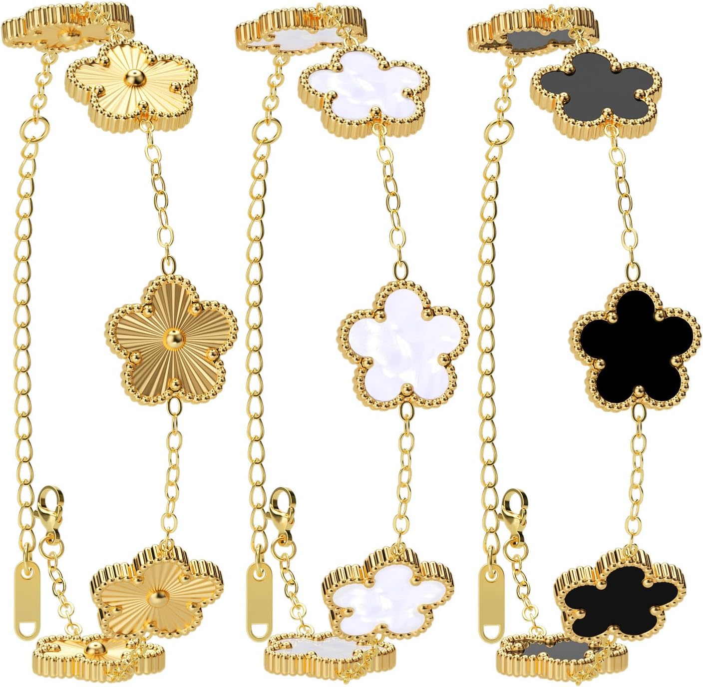 AICase 18K Gold Plated Clover Bracelet Dupes Gold/White/Black Bracelet Set for Women Flower Leaf Lucky Clover Bracelets Trendy Jewelry Birthday Gifts for Women/Mon/Friends - Image 2