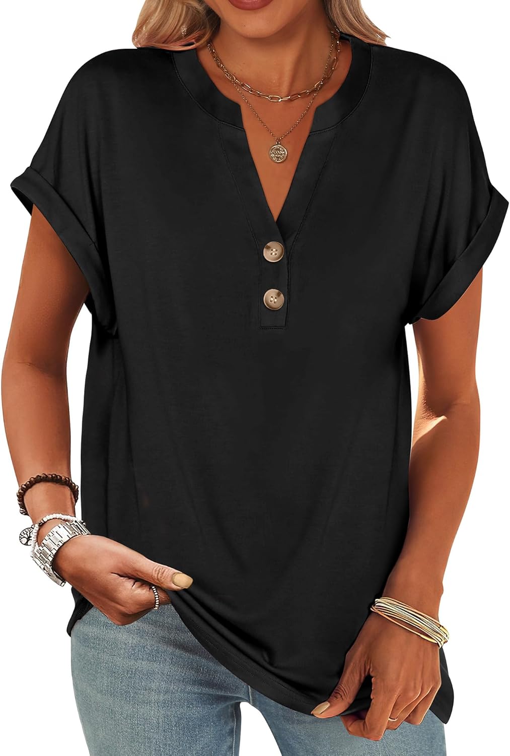 ANRABESS Womens Short Sleeve Henley Tops V Neck Dressy Casual Blouses Summer Trendy Tee Shirts 2025 Vacation Fashion Clothes - Image 2