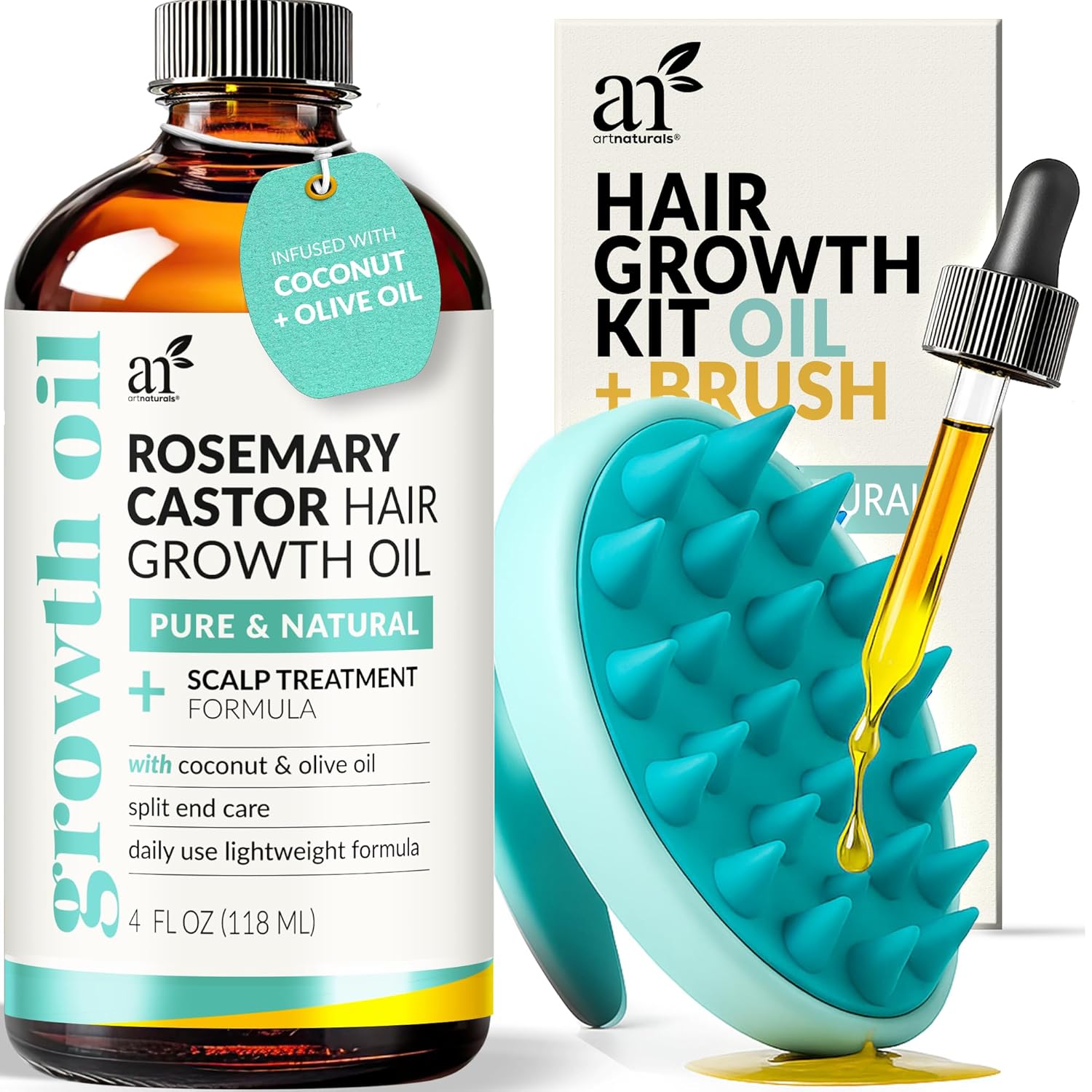 ArtNaturals Organic Rosemary & Castor Hair Growth Oil + Scalp Massager Set – Hair Relaxer for Dry, Itchy Scalp, Thickening & Hydration - Scalp Oil Products For Damaged Hair & Split Ends – 4.0 oz - Image 2