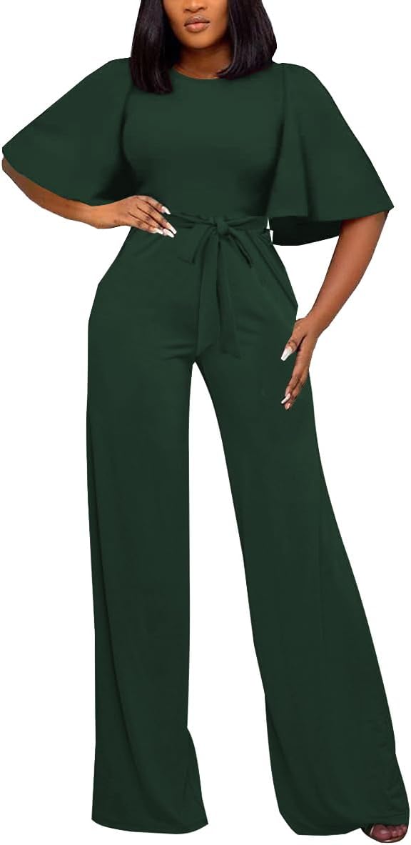BessCops Womens Loose Short Sleeve Belted Wide Leg Pant Romper Jumpsuit Casual Business One Piece Outfits - Image 2