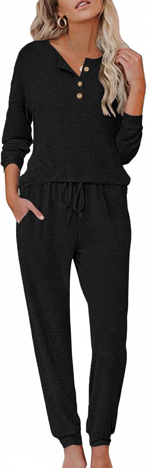 Ekouaer Womens Pajama Sets Long Sleeve Lounge Set 2 Piece Pj Sets for Women Henley Neck Casual Sleepwear Loungewear S-XXL - Image 2